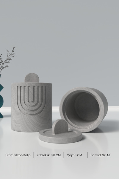 Cageartstudio Kapaklı Desenli Silindir Beton Saksı ve Mumluk Silikon Kalıp M1 -Mumluk Silikon Kalıp  8.6 x 8 cm