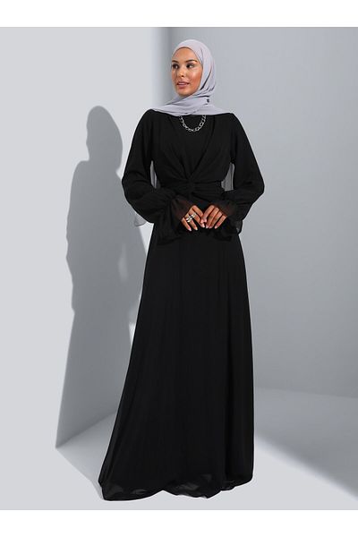 Refka Black Knot Detailed Chiffon Hijab Evening Dress