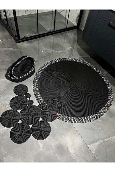 Türkmen Ev Tekstil الجوت الأسود والخوص ومجموعة سجادة الحمام وسلة الحمام