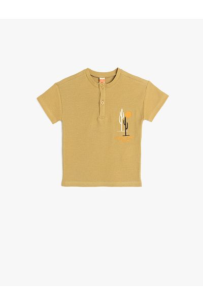 Koton Cotton Cactus Embroidery Detailed Textured Crew Neck Short Sleeve T-Shirt