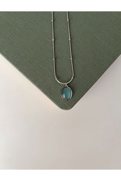 Store Oval Steel Necklace with Blue Mother of Pearl Stone
