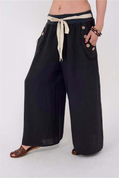 EREN STYLE Corsaj italian cu detaliu cu nasturi, curea autentică, pantaloni largi din in