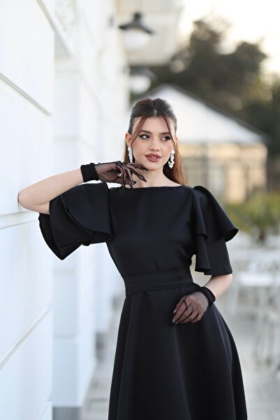 AYŞEYAMAÇLI KADIN SİYAH DİANA KAYIK YAKA MİDİ BOY ABİYE ELBİSE