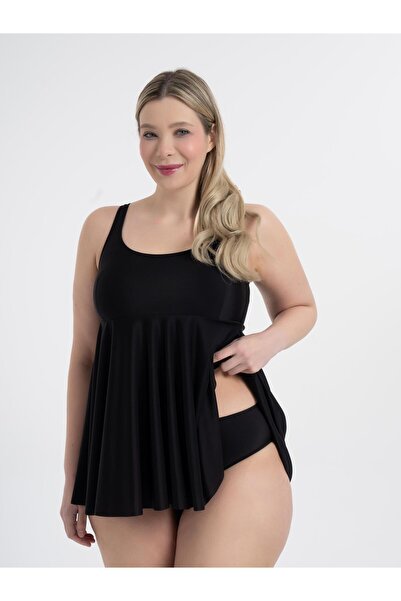 AQUAVİVA Aquaviva Women's Plus Size Black Jessica Square Neck Slipt Tankini