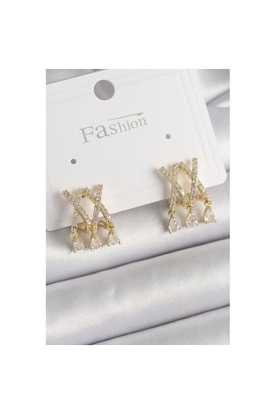 Skygo Gold Color Zircon Stone X Model Dangle Detail Women's Earrings - Tj-Bkp9872