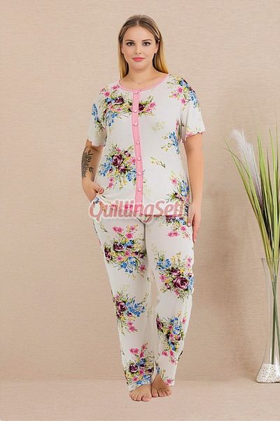 quilling Floral Pattern, White Color Short Sleeve and Buttoned Collar 11015 Women's Plus Size Mother Pajamas Set