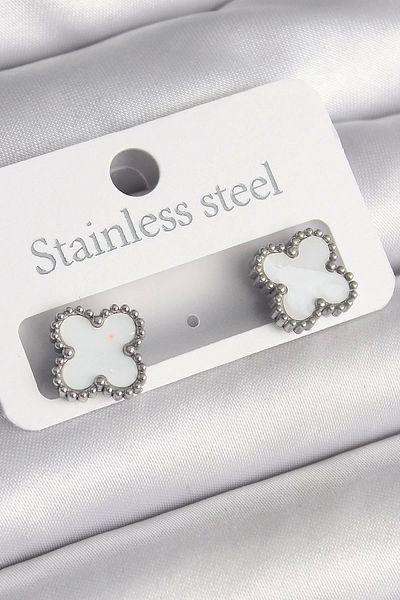 Clariss 316L Steel Silver Color White Clover Model Women's Earrings