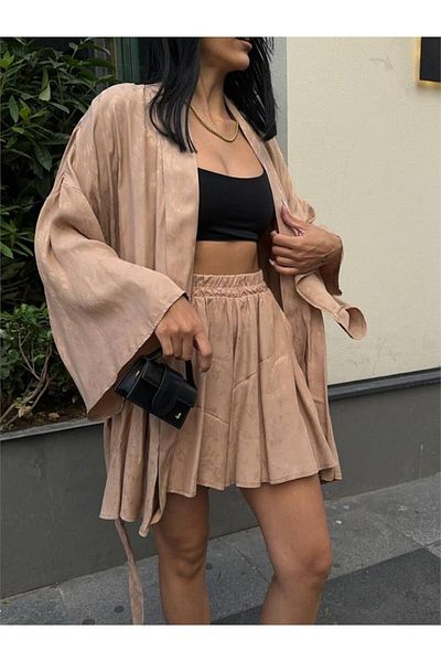JANES Beige Jacquard Kimono and Shorts Set