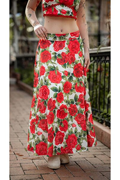 Miss Boheme Red Floral Patterned Lace Detailed Skirt Crop Set