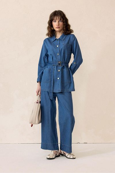 Olcay Set din două piese din denim, jachetă și pantaloni cu brâu albastru
