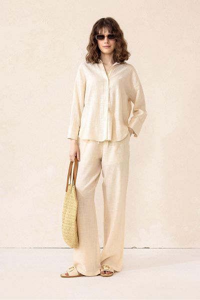 Olcay Hemd mit natürlichem Look und lockerem Hosenanzug CREME 9306-TK