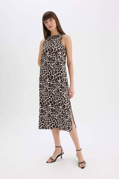 DeFacto New Season Leopard Print Round Neck Satin Sleeveless Midi Evening Dress