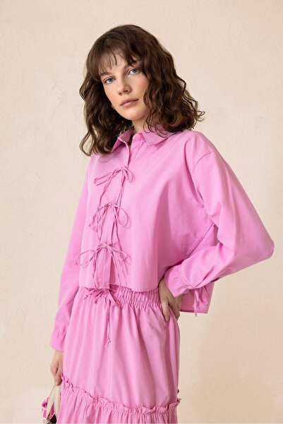 Olcay Δαντέλα Λεπτομερής Βαμβακερό Πουκάμισο Φούστα Σετ ΡΟΖ 9315-TK