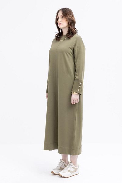 ALLDAY Khaki-Cuff Thick Ribbed Button Detail Large Size Dress