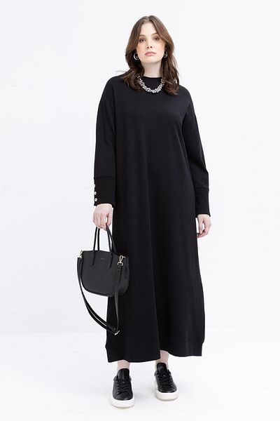 ALLDAY Black-Cuffed Thick Ribbed Button Detailed Large Size Dress