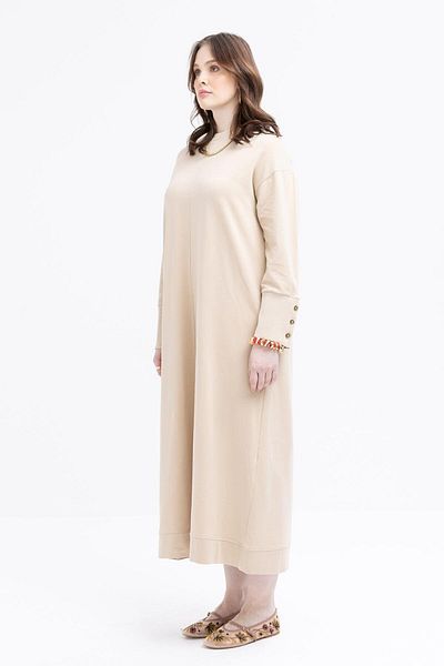 ALLDAY Beige-Cuff Thick Ribbed Button Detail Large Size Dress