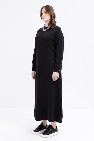 ALLDAY Black-Cuffed Thick Ribbed Button Detailed Large Size Dress