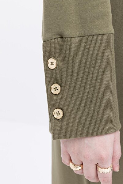 ALLDAY Φόρεμα με μανσέτα χακί με ριμπ και λεπτομέρεια με κουμπί Lycra Plus Size