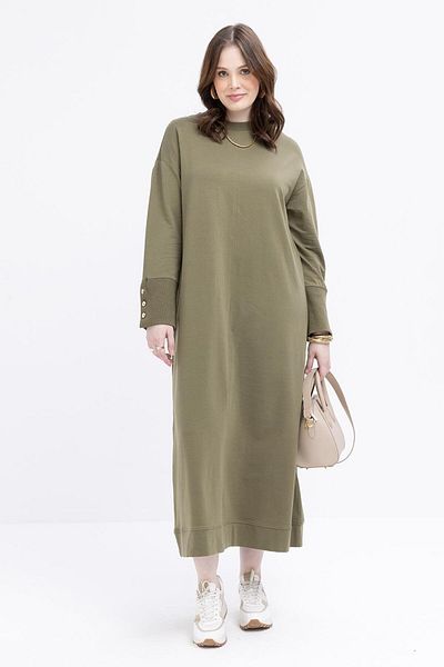 ALLDAY Khaki-Cuff Thick Ribbed Button Detail Large Size Dress