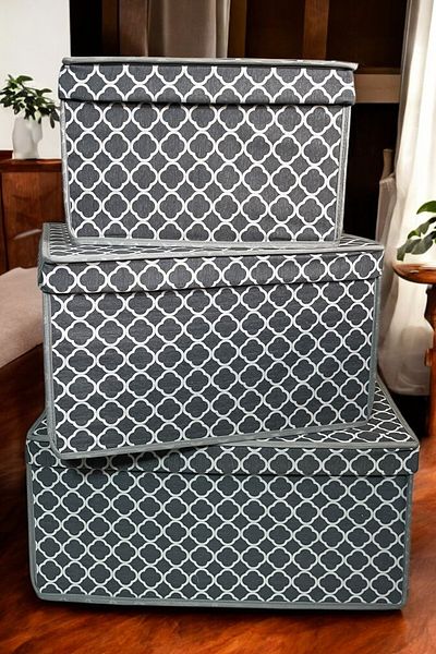 VAYBE Set of 3 Room Collector, Room Organizer, Toy Box, Makeup Box, Purchaser, Chain Patterned Gray