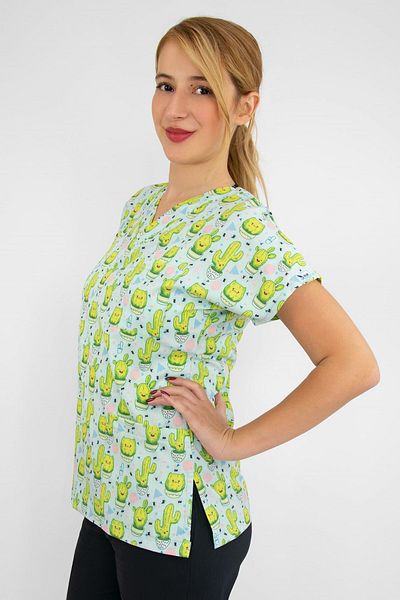 Nur Medikal Giyim Cactus Patterned Doctor Scrubs - Happy Cheerful Long Length Critical Top Jersey