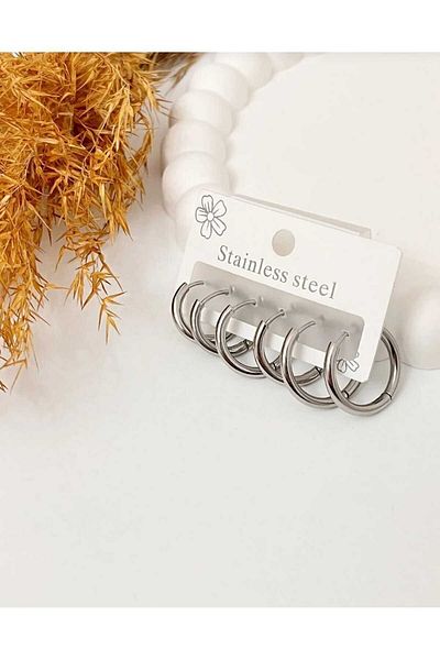 Ayenci 3 Pcs Rings Silver Color Small Medium. Large Vip Steel Earrings