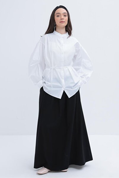 ALLDAY White-Thin Belted Pleated Lycra Poplin Shirt