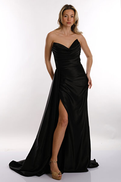 Maxra Govana Straplez Önden Yırtmaçlı Balık Kesim Saten Abiye Elbise