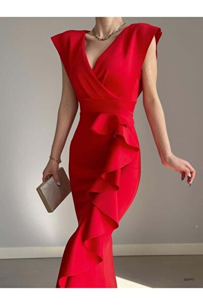 Modafeminen Kadın Siyah Krep Kumaş Kruvaze Yaka Eteği Volanlı Abiye Mezuniyet Nikah Elbise