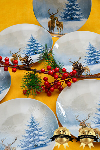 Heda Porselen Blue Deer 7 Piece Porcelain Cake Plate Set
