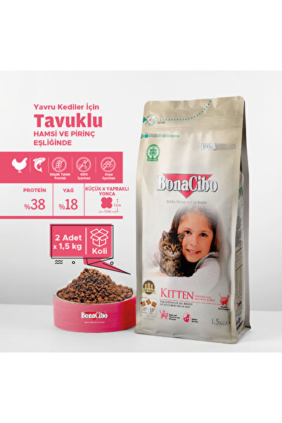 BonaCibo Kitten 1.5 kg x 2 li Tavuklu Hamsi Ve Pirinç Eşliğinde Yavru Kedi Maması