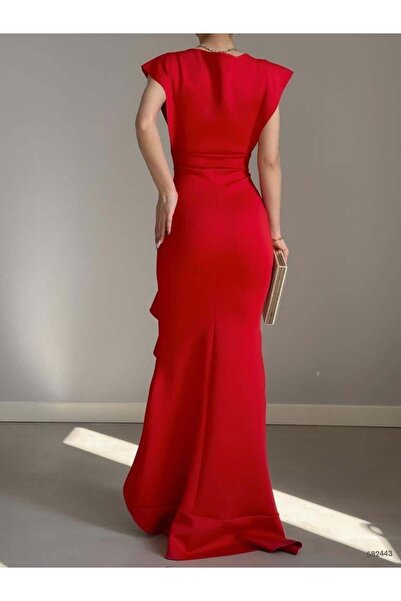 Modafeminen Kadın Siyah Krep Kumaş Kruvaze Yaka Eteği Volanlı Abiye Mezuniyet Nikah Elbise