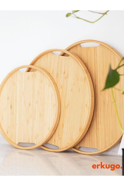 ERKUGO 3-Piece Bamboo Round Tray, Serving Trays, Nordic Tray Set, Tea Tray