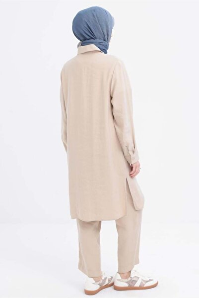 ALLDAY Beige-Ribbed Slit Modal Trousers Suit