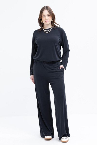 ALLDAY Black-Plus Size Wide Leg Trousers with Elastic Waist