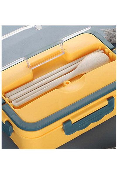 COOYA Portable Lunch Box With Spoon Fork12x20 x7.6cm,Leakproof,Suitable For Office,School,Yellow