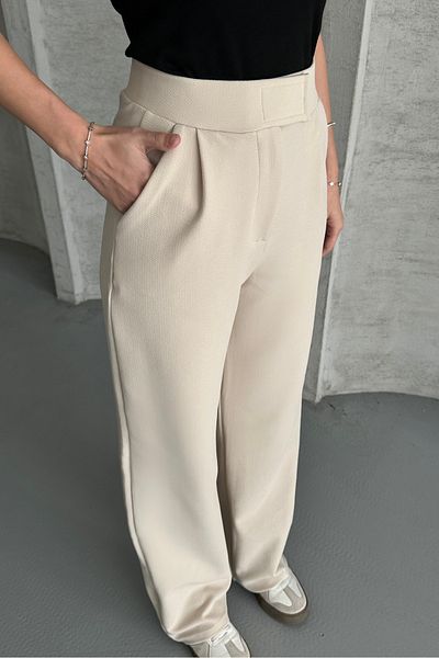macharel jeans Κρεμ γυναικείο παντελόνι Palazzo με κλείσιμο με Velcro Lycra