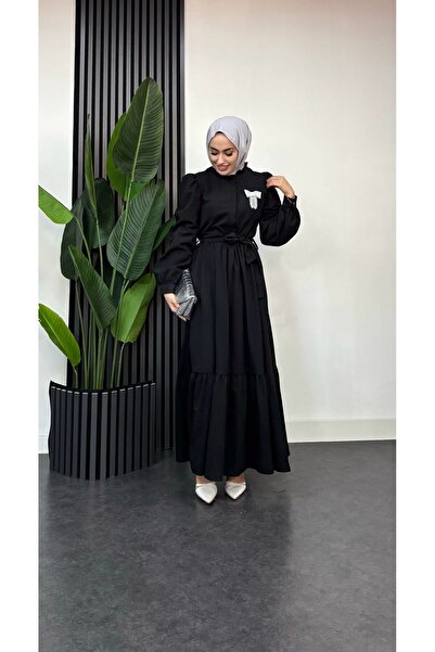 PARQAURA BÜRÜMCÜK KUMAŞTAN TERLETMEYEN RAHAT KESİM İÇ GÖSTERMEYEN FİYONK DETAYLI ŞIK RAHAT ELBİSE