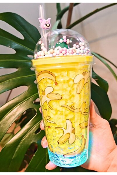 Deco Elit Banana Themed Water Bottle with Straw, Frosted Glass Look, Led Light, 450 ml Double Layer Mica 2768 Yellow