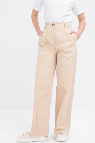 ALLDAY Beige-Pleated Lycra Wide Leg Trousers