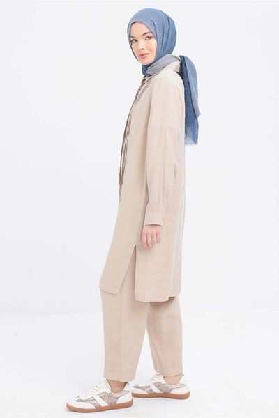 ALLDAY Beige-Ribbed Slit Modal Trousers Suit