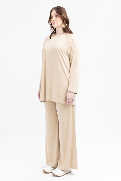 ALLDAY Beige-Large Size Lycra Wide Leg Trousers with Elastic Waist