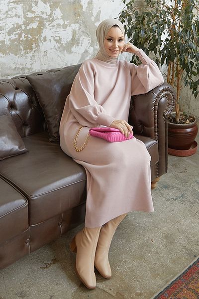InStyle Mina Balloon Sleeve Knitwear Hijab Dress - Powder