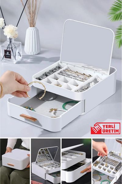 Bayev House by House Cream Colored Multi-Compartment Makeup Organizer with Drawers and Mirror