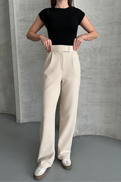 macharel jeans Κρεμ γυναικείο παντελόνι Palazzo με κλείσιμο με Velcro Lycra