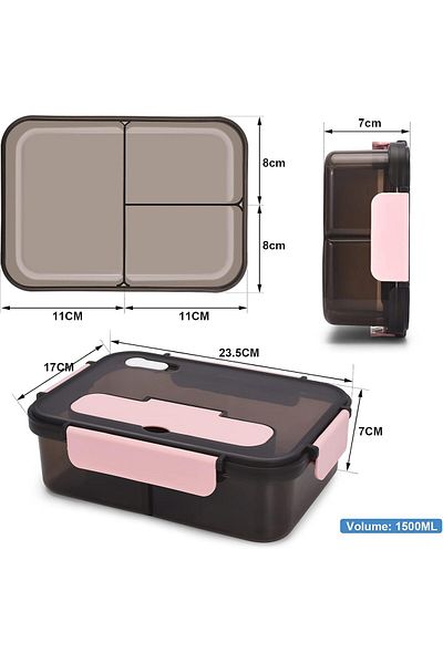 fulina Lunch Box,Versatile 3 Compartment Bento-Style,with Spoon And Fork,1500ML,Durable and Leak-Proof,Pink