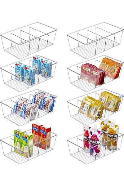 COOYA Clear Food Storage Organizer Bins, 3 Compartment Holder for Packets, Snacks, Spice Packets (8 pack)