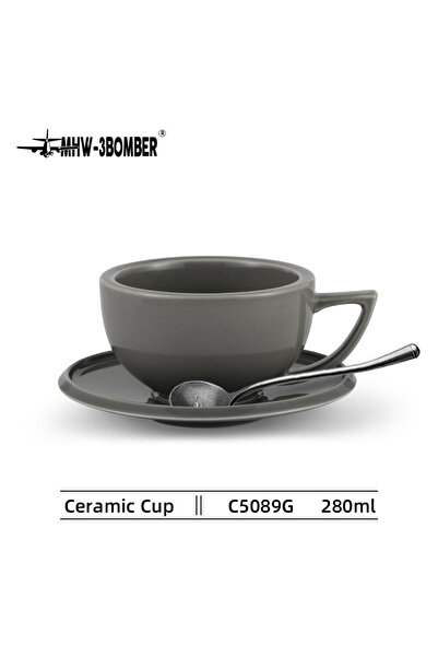 Choice 280ml Grey MHW-3BOMBER 280ml Ceramic Coffee Cup with Saucer & Spoon Set Art Latte Espresso Mug for T