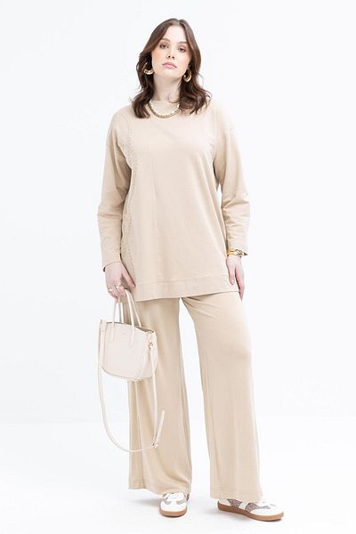 ALLDAY Beige-Embroidered Crew Neck Lycra Plus Size Tunic