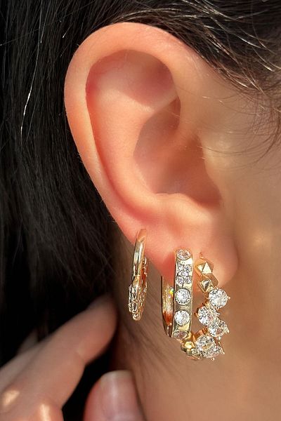 TAKIŞTIR Gold Color Stone Detailed 3-Piece Ysx Earring Set